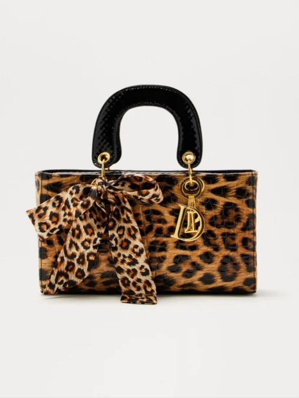 Textured Hard-Sided Leopard Print Satchel, Gold Hardware & Letter Charms, Twilly